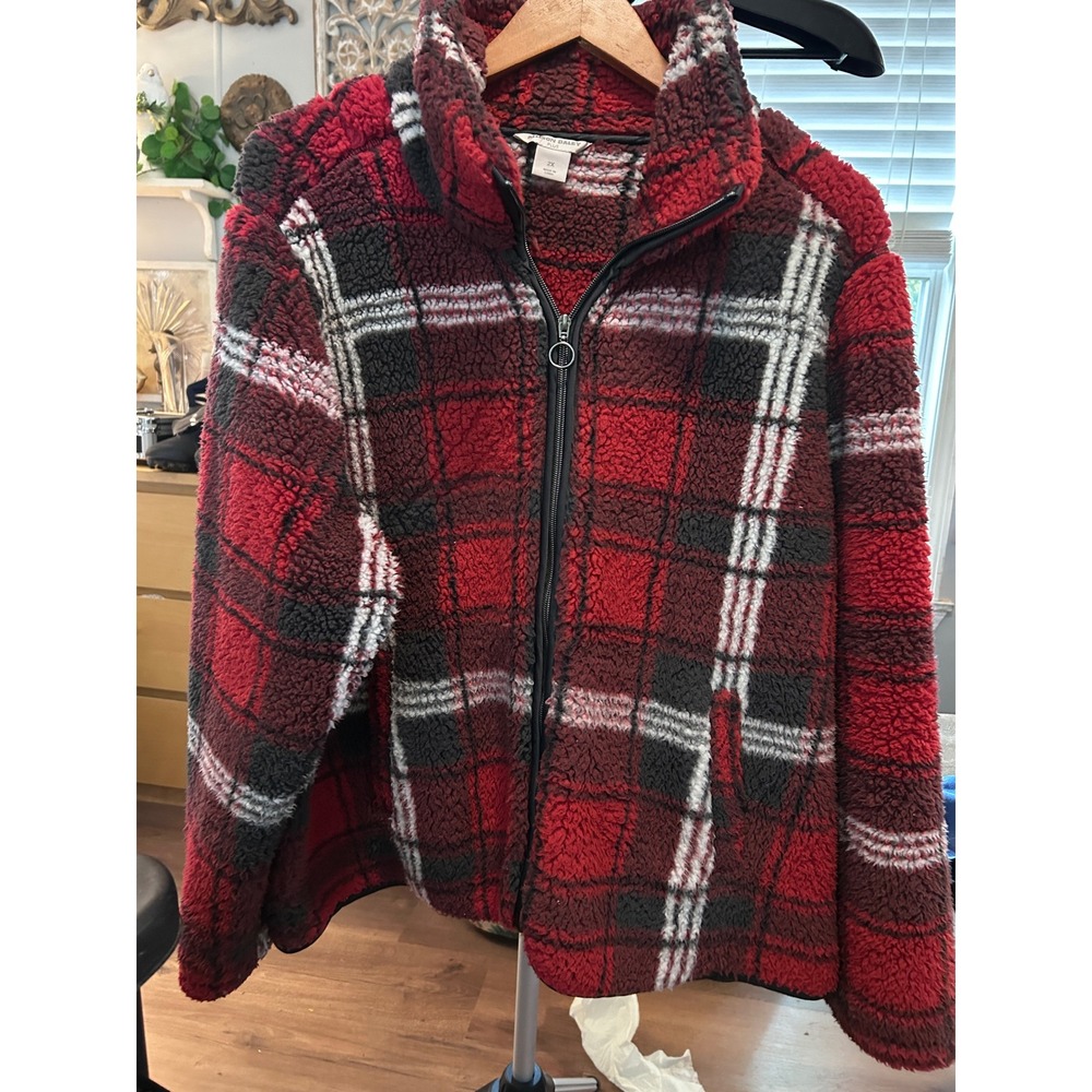 Allison‎ Daley Plus Red Plaid Fleece Zip Up Jacket Women Size 2X Cozy Warm